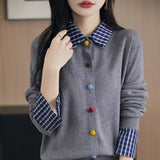 Fongt And Winter Knitted Open Shirt Two Lattice Collar Shirt Early Spring New Color Fashion Splicing Coat Sweater