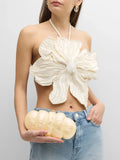 Fongt Hot Girl Designer Autumn 2024 New Hanging Neck Three-Dimensional Flower Nail Bead Pearl Wipe Chest Top-Outfit