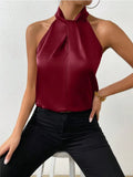 Fongt Women's Clothing 2025 Summer New Color Clove Hanging Neck Sleeveless Vest Ribbon Simulation Silk Top