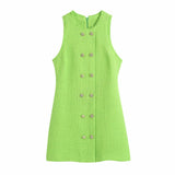 Round Neck Women's Metal Buckle Textured Dress Harajuku Green Chic Sweet Women's