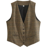 Fongt New Women's Retro V-Neck Sleeveless Single-Creed Short Bump Color Thousand Birdge Vest Vest