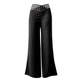 Fongt Summer Women's Wear Hollow Belt High Waist Casual Straight Leg Pants Wide Leg