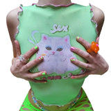 2024 Summer New Round Collar Collar Collar Printing Sleeveless Wood Ear Exposed Umbilical Women's Top