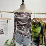 Fongt Dyed Printed Shoulder T-Shirt Design Sense Irregular Open Fork Thin Mesh Long Sleeve Top 8958