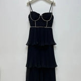 Top Quality Women Dress 2024 Early Autumn New Light Luxury Black Blut Chiffon Pleated Cake Suspender Dresses TH4588-Outfit