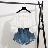 Summer two piece set New Off Shoulder Loose Half Lantern Sleeve Solid Cute Blouse Jean Shorts Two-Piece Outfit Casual