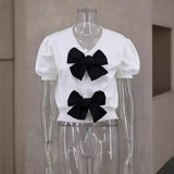 Fongt And Sweet Niche Wind 2025 Spring New V-Necked Short-Sleeved Personality Double Bow Solid Color Sweater Woman