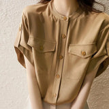 Safari Style Solid Pockets Casual Top Women Vintage Shirts Summer 2023 Patchwork Chiffon Basic Round Neck Blouse-Outfit