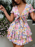 Beach Summer Dress Women 2022 Floral Print Deep V-neck Tie Up Short Sleeve Ruffle Mini Dress Elegant Casual Day