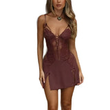 Fongt Spice Girls Deep V-Breasted Spliced Lace Sling Steel Ring Fish Bone Opening Dress Z0932