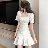 Dress Women Korean Square Neck Pleated Ruffle Mini A Line Dresses Summer Streetwear Elegant Slim Mermaid Vestidos Sundress-Outfit