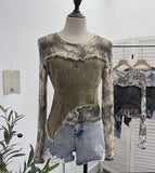 Fongt Shooting Tie-Dye Print Spliced Denim T-Shirt Girl Autumn Design Sense Irregular Hair Side Short-Sleeved Top 2617