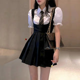 Work Clothes Black Dress Strap Dress Women Summer Hot Girl Jk Uniform Sling Pleated Skirt Puff Sleeve Shirt