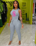 Solid Women Skinny Two Piece Sets Spring Bodycon Tracksuits Dollar Print Top And Leggings Pants 2pcs Outfits 2022