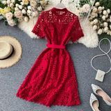 Fongt Retro Famous Style Temperament Dress Heart Lace Short-Sleeved Dress Women's Summer Dress