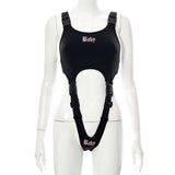Dark Techwear Y2k Punk Women Sexy Bodysuits Mall Gothic Cargo Black Buckle Patchwork Alt Clothes Cut Out Printed
