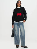 Fongt New Women's Knitted Round Collar Loose Top Fashion Cherry Languid Long-Sleeved Sweater