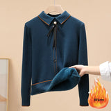 Women's Plus Velvet Thicken Polo Collar Knitted Sweaters Winter Korean Sweet Casual Pullover Sueter Warm Slim Crochet