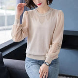 Chiffon Lace Patchwork Knitted Pullovers Women Spring Casual Loose Lantern Sleeve Knitwear Fashion Hollow Out Korean