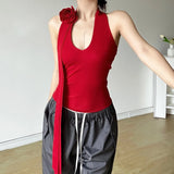 Fongt Summer Women's Solid Color Hanging Neck Stereo Flower Vest High Waist Loose Straight Trousers-Outfit