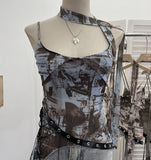Fongt Girls Newspaper Tie-Dye Printing Net Waste Vest Irregular Rope Ribbon 1197