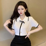 Women Knitted Lapel Collar Slim Fit T Shirt Crop Top Casual TeeShort Sleeve Workout Top Base Shirt-Outfit