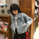 2020 Spring And Autumn New Back Open Fork Diagonal Buckle Loose Short Denim Jacket Women's College Wind Jacket Jacket-Outfit