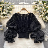 Lace Design Sense Shirt French Niche Lantern Sleeve Temperament Slim And Short Style Blouse-Outfit
