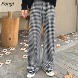 Women Houndstooth Mopping Loose Chic High Waist Pant Casual Ins Korean Fashion College Students Stylish Feminine