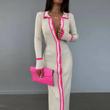 Fongt Slim Lapel Splicing Women's Long-Sleeved Cardigan Dress YF2334-Outfit