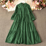 Temperament Aging Solid Color Simple Dress Autumn Dress Korean Version Fashion Bubble Long Sleeves Show Thin Button Long Skirt Women-Outfit