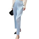 Fongt Folded Casual Trousers Women Simple And Comfortable Elastic High-Waist Straight Trousers Solid Color Wrinkles Trousers