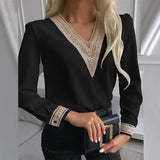 Lace Crochet Satin Silk Chiffon Shirt Women Long Sleeve Woman Blouses Tops V Neck Solid Embroidery Shirts Blusas