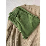 Fongt Retro Green High-Waisted Plus Velvet Slack Autumn And Winter New Set Thin Corduroy Broad Leg Trousers
