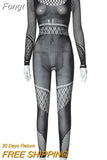 Mesh Hollow Out See Through Jumpsuits Women Long Sleeve Black Goth Pencil Pants One Piece Rompers 2023 Spring Fall