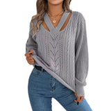 Shooting 2025 Autumn And Winter Leisure Hollow V-Necked Lantern Sleeve Sweater Women's