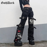 Dark Punk Grunge Gothic Patchwork Black Cargo Jeans Emo Aesthetic Women Autumn Techwear Pants Harajuku Printed