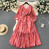Fongt Retro Floral Dress Women's Spring And Summer Lantern Sleeve Design Sense Small Thousand Gold Princess Temperament Swing Holiday