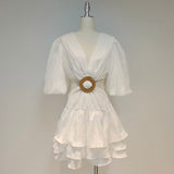 TWOTWINSTYLE Yellow Hollow Out Sexy Dress For Women V Neck Lantern Half Sleeve High Waist Patchwork Mini Dresses Female 2022