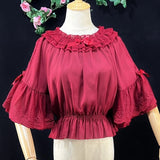 Lolita Chiffon Blouses Women Cute Bow Ruffles Three Quarter Flare Sleeve Undershirt Girl Kawai Off Shoulder Shirt Crop Top-Outfit