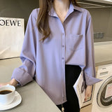 Women Vintage Solid White Shirt With Pockets Long Sleeve Korean Style Casual Chiffon Blouse Spring Office Lady Basic