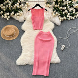 Fongt Kong Style Retro Hottie Suit Women's Summer Short Vest Top With High Waist Half Skirt Knit Two Sets