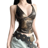 Fongt Cloth Forget Hottie Retro Leopard Thoracic Cross-Back Hollow Top Design Sense V Collar Body Vest