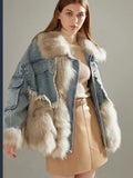 2024 Women Winter Denim Jacket Oversize Large Fur Collar Plus Velvet Jacket Detachable Thick Loose Warm Bomber Jean
