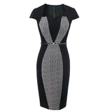 New Elegant Short Sleeve Office Work Dress Women Plus Size Patckwork Midi Pencil Dresses Ladies Slim Evening Party