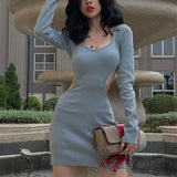 Fongt Spring 2023 New Sexy V-Neck Back Hollow Strap Waist Long Sleeve Women's Dress Pack Hip