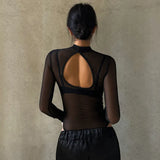 Fongt Temperament Light Striped Mesh Perspective Sexy Long Sleeve Half-High Collar Bare Back-To-Back Women's Clothing