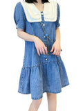Dresses Women Japanese Style Peter Pan Collar Solid Washed Doll Collar Denim