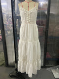 Fongt Women's New Sling INS Hot V-Neck White Hollow Escium Embroidery Dress