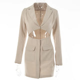 Notched Collar Button Women Dress Blazer Fake Two Piece Blue Long Sleeve Hollow Out Dress Women Slim Office Clothes